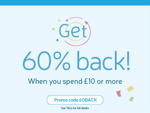 spend £10 or more and get 60% back code 60BACK